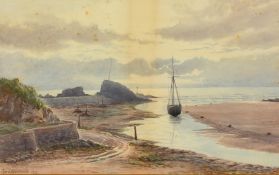 Charles H Branscombe, Circa 1913, a lone boat moored in a tidal inlet, watercolour, signed, 8.75