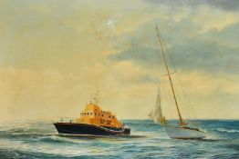 Sutcliffe, 20th Century, a lifeboat towing a yacht stranded in open seas, oil on canvas, signed, 24