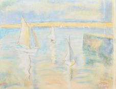 Terrick John Williams (1860-1936) British, a scene of boats entering a harbour, pastel, signed, 9