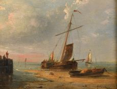 Gerard Johannes Koekkoek (1871-1956), a leeboard barge off a quay at dusk, oil on panel, signed,