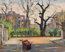 M. Thorold (20th Century), cart on a quiet city street, oil on board, signed, 16