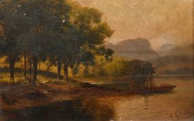 Henry Robinson Hall (1857-1927), figure on a rowing boat on a mountain lake, oil on board, signed,