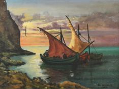 De Cock (20th Century), Three sailing boats moored off the coast, oil on canvas, signed and dated