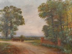 Circa 1890, Loose cattle on a track near to a wall, oil on canvas, indistinctly signed, 18