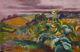 Phyllis Bray (1911-1991), sunflowers on a hillside, oil on canvas laid down, signed with initials,
