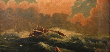 19th Century School, scene of a dismasted boat in rough seas, oil on canvas, 8