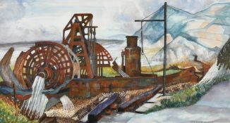 Yvonne Elston, 'Wreck on the shore', mixed media, signed twice, label verso, 9.25