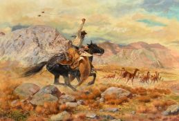 Jose Luis Salinas (1908-1985) 'Hunting Guanacos', watercolour, signed and dated, watercolour,