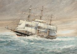 J. Millington (1891-1948), A Clipper ship in rough seas watercolour, signed, 14.25