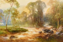 John Shapland (1865-1929), a view of a boulder-strewn tree-lined torrent, watercolour, signed, 10.5