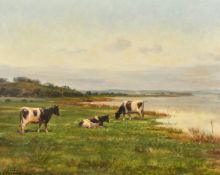 Michael Stephanou (b. 1937) Danish, cattle grazing by a river, oil on canvas, signed, 16