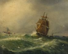 Adolphus Knell (19th Century), a three masted ship in rolling seas, oil on board, signed, 9