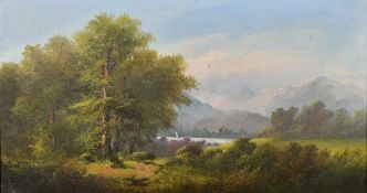 Circle of Ada Stone, a pair of oil on canvas scenes of a sailboat on a mountain lake, each 10