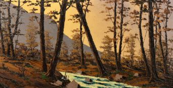 P. Gobert (20th Century French), a tree lined river with mountains beyond, oil on panel, signed, 11