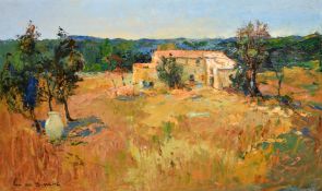Van Den Bussche (20th Century), building in a Southern landscape, oil on board, signed, 24