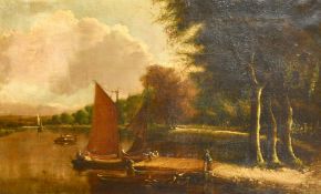 Norwich School, Crica 1885, figure on a jetty with sailboats on a river, oil on canvas, indistinctly