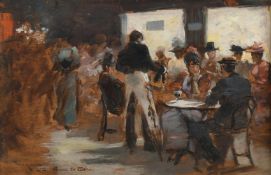 William Douglas Almond (1866-1916), 'Across the Water' figures in a Continental Caf, oil on board,