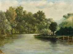 19th Century, A tranquil tree lined river scene, oil on canvas, indistinctly signed, 10.75