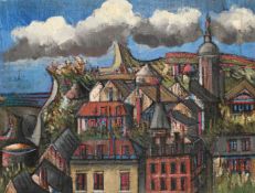 Jean Besnard, Circa 1970's, a scene of buildings in a city, oil on board, 35.5
