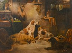 George Armfield (1808-1893), dogs gathered in a country kitchen, oil on canvas, signed, 12