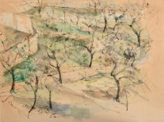Frances Kelly, 'Terrano', ink and watercolour, signed, Galerie de Seine trade label verso, 14.5