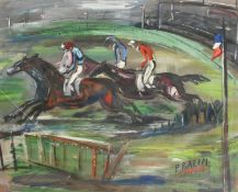 P. Bazin, French School, a scene of horse racing, oil on paper, signed, 20