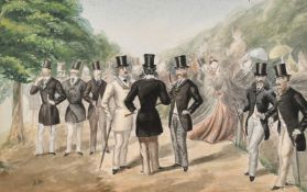 A. M. 19/20th Century, A gathering of predominantly gentlemen conversing in a park, watercolour,