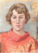 Modern British, A bust length portrait of a girl in a red jumper, oil on paper, 18.5