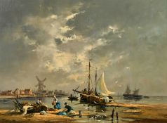 Gudrun Sibbons (b. 1925), figures mending nets with boats and a windmill beyond, oil on panel,