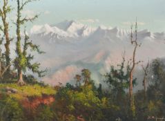 Asian School (20th Century), A wooded landscape with snow-capped mountain peaks, oil on canvas,