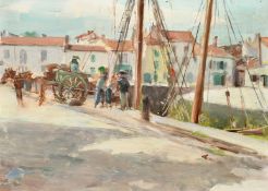 Henri Alberti (Early 20th Century), French, a horse and cart and figures gathered at a town quay,