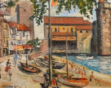 Frigara, Circa 1974, a view of Basque port, oil on card, signed, 15