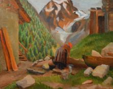 Robert Morson-Hughes (1873-1953), figure washing clothes in an Alpine village, oil on panel, signed,