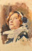 Herbert J. Day, Head study of an actress in costume, watercolour, signed verso on backing paper, 6.