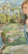 20th Century Continental School, a female figure at the edge of a landscape, oil on canvas, 31.5