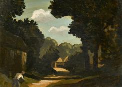 Philip Hugh Padwick (1876-1958), figure resting on a tree-lined path, oil on canvasboard, 12