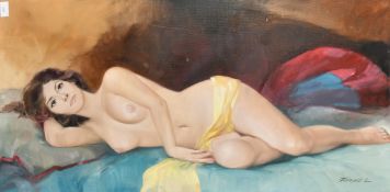 Lajos Fuzesil, 20th Century, a reclining female nude, oil on canvas, indistinctly signed, 19.75