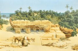 Gary M. James (b. 1941) British, 'Donga', baboons amongst an architectural site by the coast, oil on