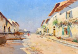 Eugene Galien-Laloue (1854-1941) French, figure and chickens on a Southern village street leading to