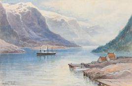 Sydney Ernest Hart (1867-1921), a ship approaching a jetty in a fjord, watercolour, signed, 6