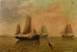 Continental School, Circa 1884, a scene of three fishing boats off a headland, oil on canvas, 15