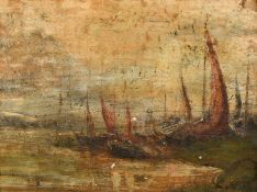 Early 19th Century A group of sailing boats moored on a grass bank with hills in the distance, oil