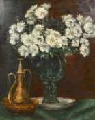 20th Century, A still life of white Chrysanthemums in a green glass molded vase and a Persian