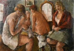 John Linfield (b.1930) An interior scene with three women dressing, oil on canvas, 14.25