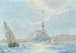 Harold Swanwick, Circa 1922, 'H.M.S. Cordelia Leaving Malta, Valetta Harbour', watercolour, signed