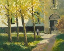 H. E. Lewis (20th Century), 'A Normandy Village', figures gathering in a square, oil on board, 18