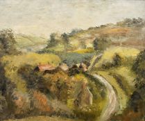 Manner of Kyffin Williams, buildings in a valley landscape, oil on canvas laid down, 20