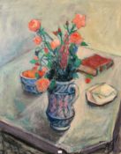 Mid-20th Century French School, a still life of flowers and other objects on a tabletop, oil on