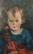 Early 20th Century French School, a young child holding a doll, oil on panel, 18