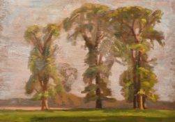 John Brown (20th Century), study of trees in an open landscape, oil on panel, and another of farm
